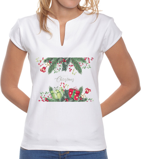 Tee Shirt Femme Col Mao Joyeux Noël cadeau de fête