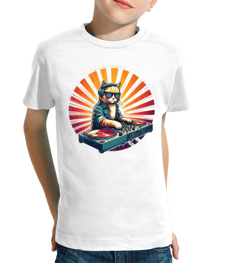 Tee Shirt Pour Enfant Manche Courte musique chat DJ maison rétro vintage