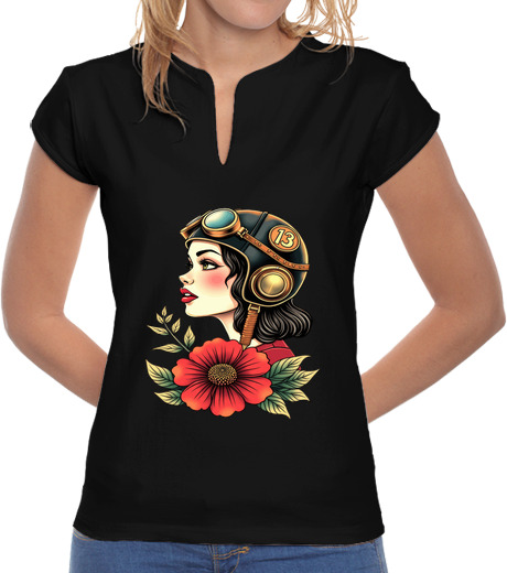 Tee Shirt Femme Col Mao aiguille de tatouage couleur peau artis