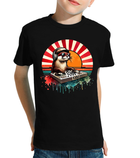 Tee Shirt Pour Enfant Manche Courte musique de loutre DJ maison rétro vinta