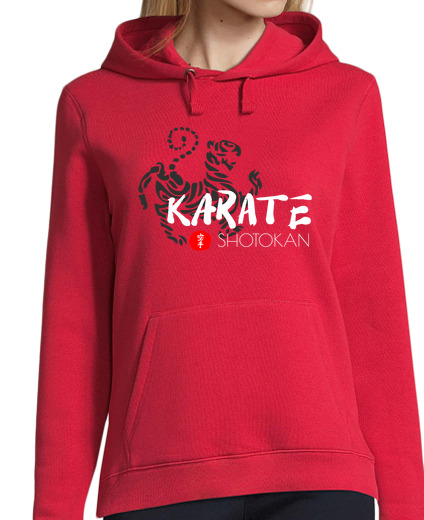 Image of karate shotokan tiger kanji woman, hoodie, red