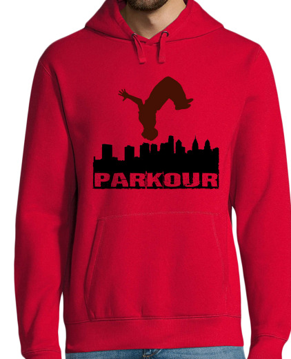 Image of man, hoodie, red, parkour