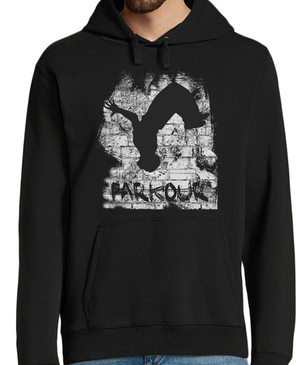 Image of man, hoodie, black, parkour