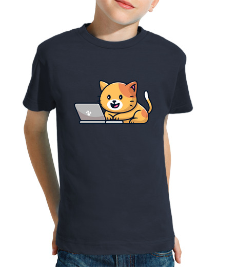 T-shirt bambino manica corta piccolo gatto con il suo laptop