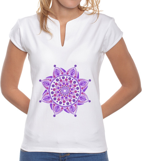 Image of purple mandala t shirt women, mandarin collar, white