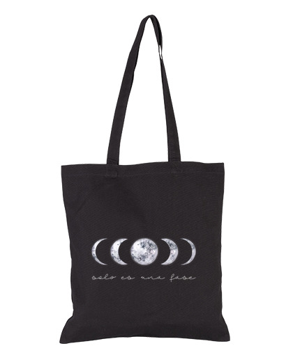 Image of moon phases tote bag. it's just a phase. cloth bag, black