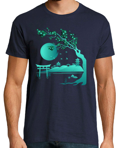 Camiseta Hombre Manga Corta Paisaje Japonés Green Blue laTostadora