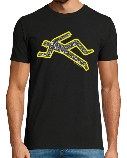Image of crime scene and criminologist, man t-shirt