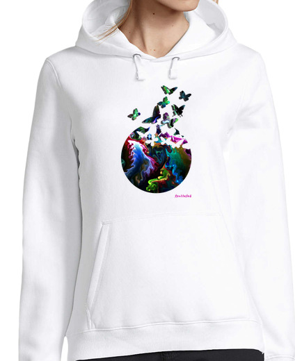Image of butterflies, woman, hoodie, white