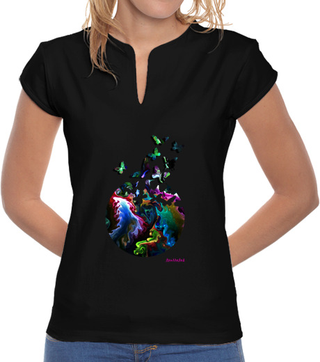 Image of butterflies, woman, mandarin collar, black