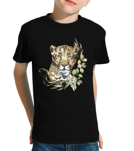 Tee Shirt Pour Enfant Manche Courte Afrique safari léopard fleurs sauvages