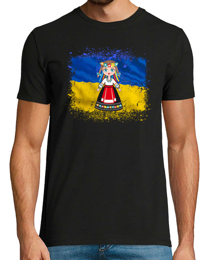 Image of girl in ukrainian national dress ukraine flag