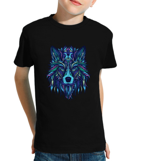 Tee Shirt Pour Enfant Manche Courte loup mandala bleu