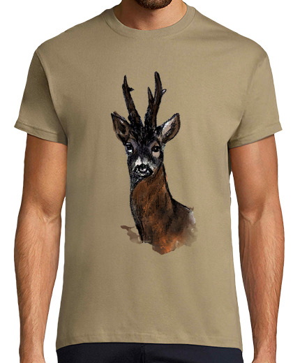 Image of man, t shirt with roe deer, manga , khaki, extra quality