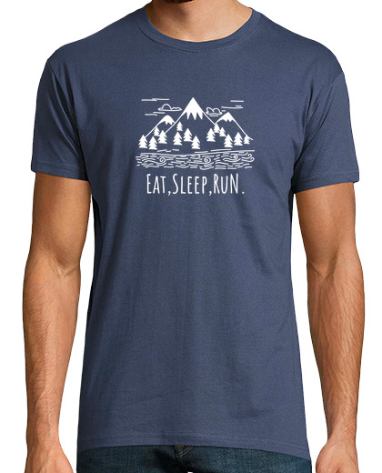 Image of t shirt drawing mountains. eat, sleep, run.