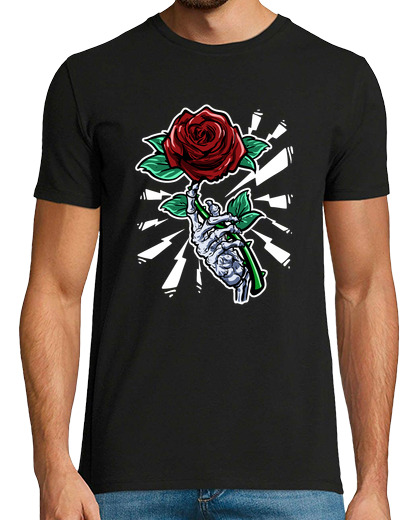 Image of tattoo skeleton hand red rose flower
