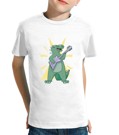 T-shirt bambino manica corta chitarrista rockstar dinosauro