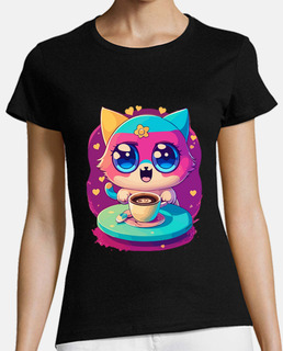 A kawaii cat colorful with a cup coffee
