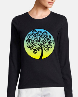 Arbre de vie noir sur fond bleu et jaune