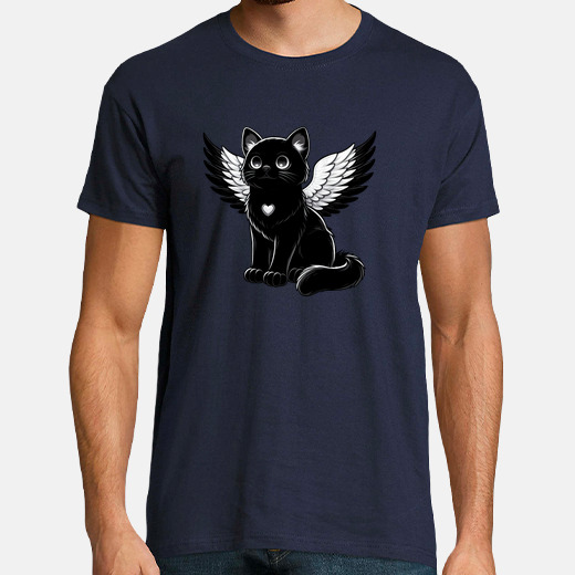 Black cat with white fur angel wings t-shirt | tostadora