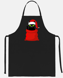 black cat in santa&#39;s hood, cat in chef&#39;s kitchen