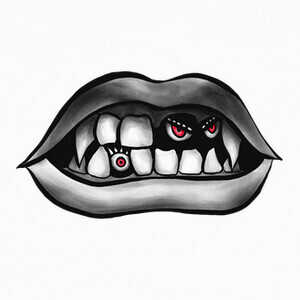 T-shirt bocca di vampiro con zanne e occhi