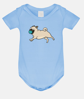 Body bebé, azul cielo Carlino pug con pelota