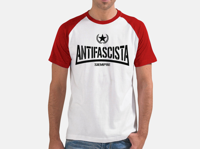 Camiseta beisbol blanca roja h antifascista. laTostadora