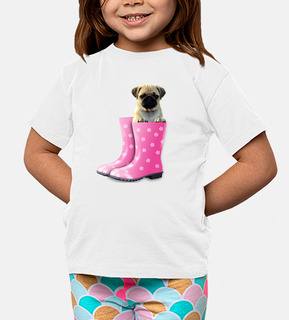 Camiseta infantil , carlino y botas de agua rosa
