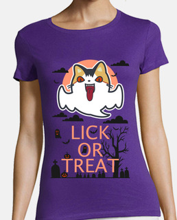 Camiseta Lick or Treat gato fantasma en cementerio negro