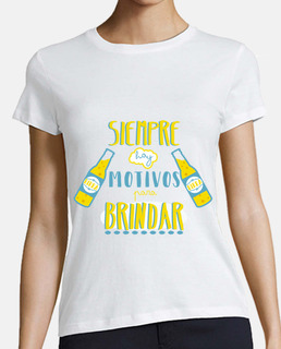 Camiseta Mujer "Motivos para brindar", estilo béisbol, blanca y turquesa