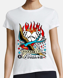 Camiseta Música Rockabilly Rock N Roll Dados Golondrina Estrellas Flames