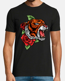 Camiseta Tigre Animales Rosas Rojas Tattoo Style