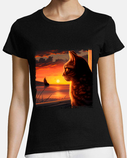 cat looking at sunset landscape