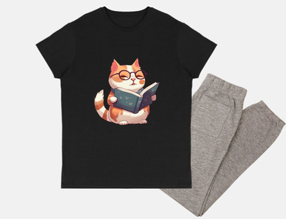 cat reading a book with glasses