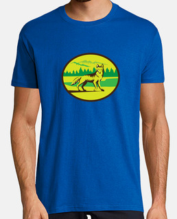 coyote paisaje de montaña retro ovalada