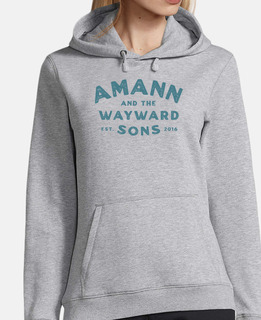 étiquette amann logo turquoise. femme, sweat à capuche, gris chiné