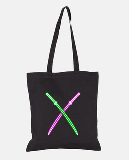 katana de neón púrpura y verde