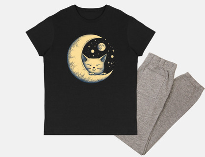 little cat who sleeps on a crescent moon and sees the earth and the stars, nightwear, babydoll, t-sh