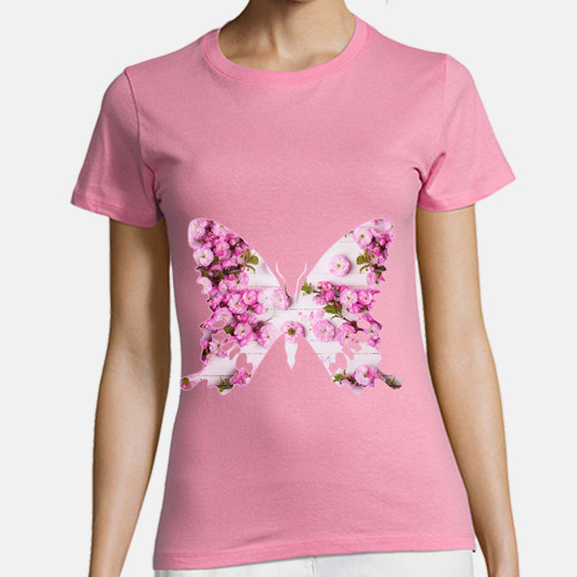 Camiseta mariposa rosa, flores mujer, manga corta, rosa, calidad
