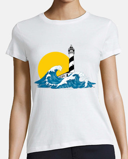 Mujer, faro ola