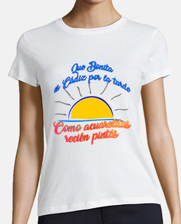 Mujer, manga corta, blanca,  Diseño Que bonita es Cádiz por la tarde