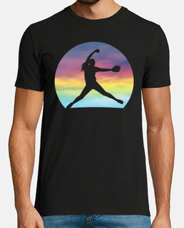 silhouette de lanceur de softball pour femmes coloré rétro coucher de soleil