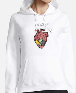 smile - cuore con cuciture e messaggio - donna, jersey con cappuccio, bianco