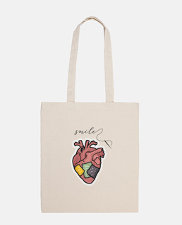 smile - heart with seams and message - 100% cotton shoulder bag