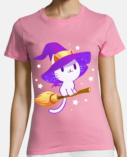 T-shirt  white cat witch - pastel kitten - magic stars