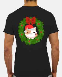 a happy cat among the christmas wreath with design on the back