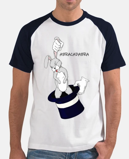 Camiseta Abracadabra Hombre, estilo béisbol, blanca y azul marino
