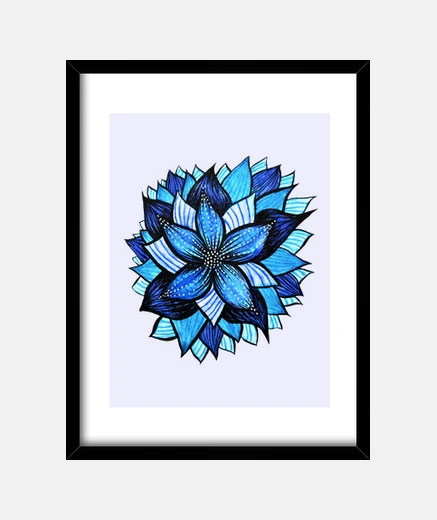 Framed Abstract Blue Flower Ink Drawing