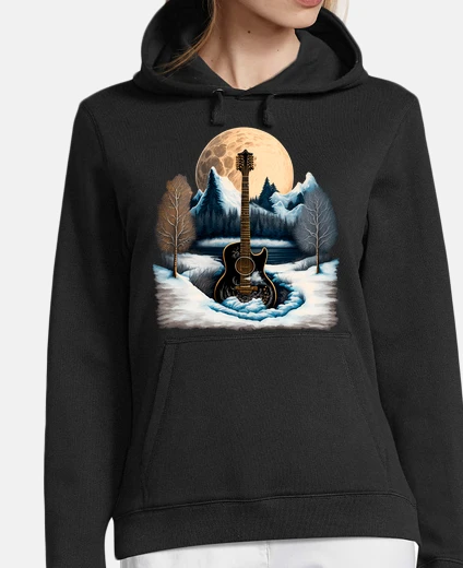Hoodie acoustic guitar music flamenco night full moon in the snowy mountain